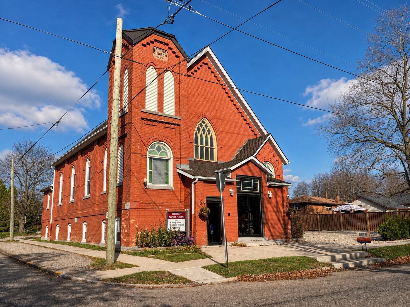Norwich Baptist Church — historic red-brick building on a Norwich, Ontario corner